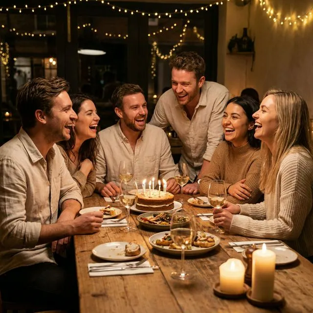 Friends laughing at a birthday party